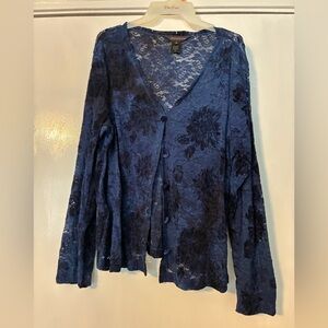 Lace Floral V-Neck Button Cardigan - Navy